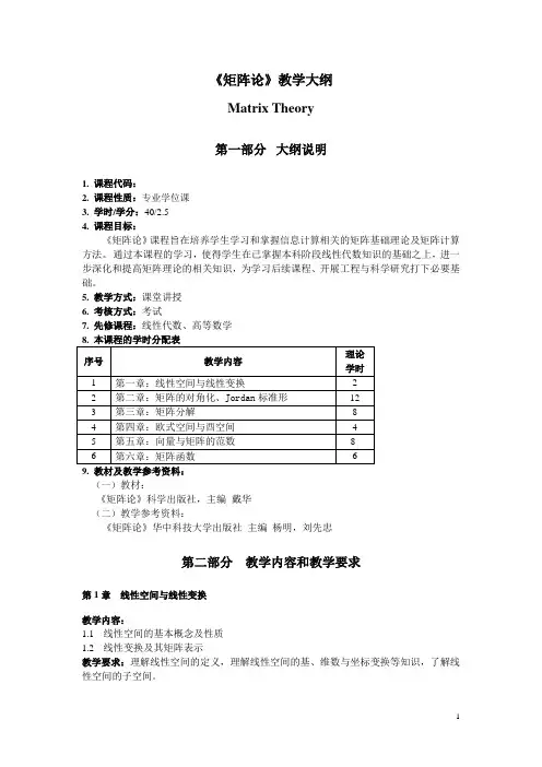 研究生《矩阵论》教学大纲