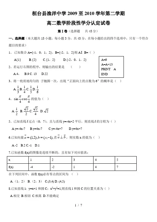 湖南省普通高中学业水平考试数学试卷