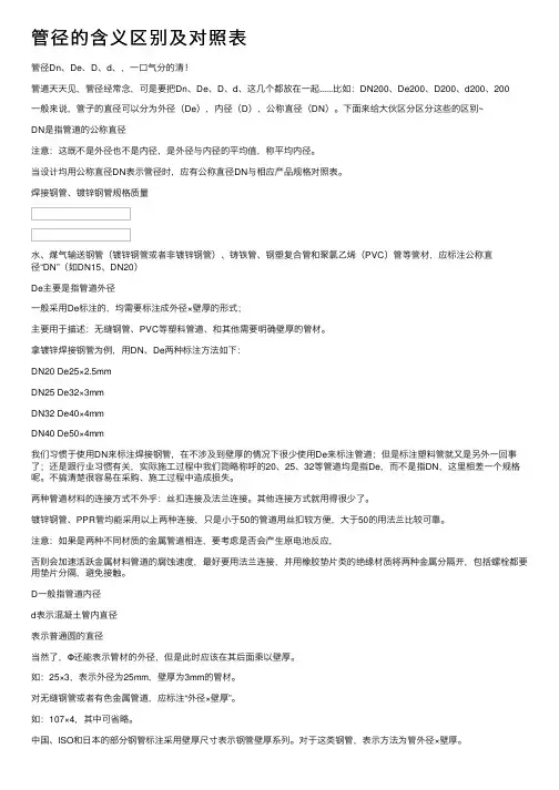 管径的含义区别及对照表