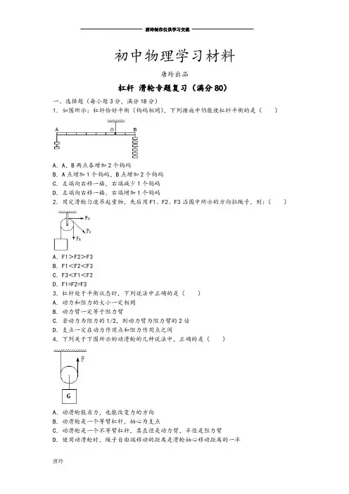 人教版八年级物理下册杠杆 滑轮专题复习.docx