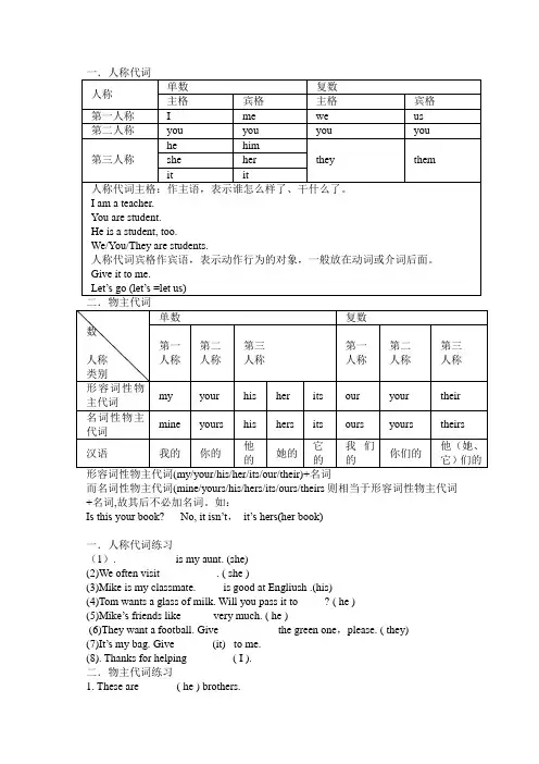 新人教版七年级上册英语人称代词 物主代词练习