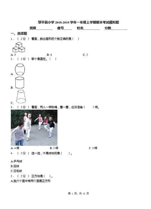 邹平县小学2018-2019学年一年级上学期期末考试模拟题