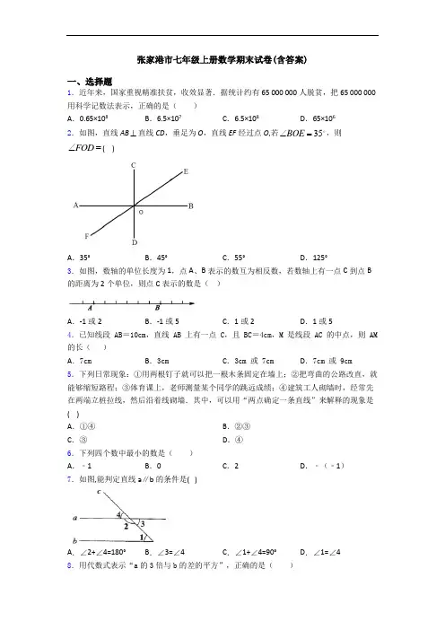 张家港市七年级上册数学期末试卷(含答案)