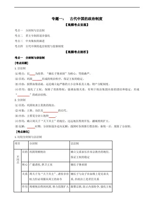 专题一古代中国的政治制度(原卷版)