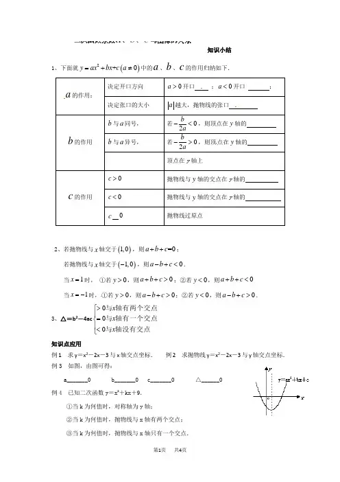 九年级数学：二次函数系数a 、b、c 与图像的关系导学案