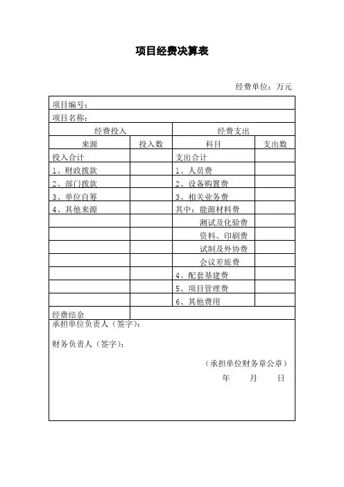 科技计划项目经费决算表参考格式