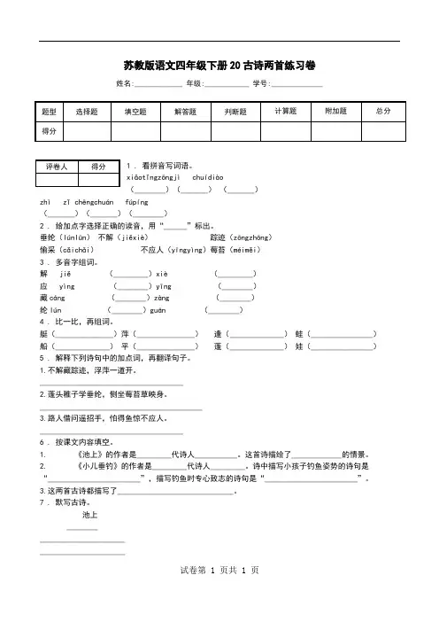 苏教版语文四年级下册20古诗两首练习卷.doc