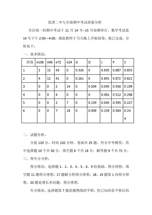 九年级期中考试质量分析