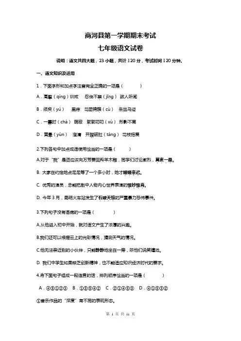 山东济南市2015年七年级上期末语文试题