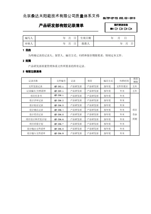 产品研发部有效记录清单