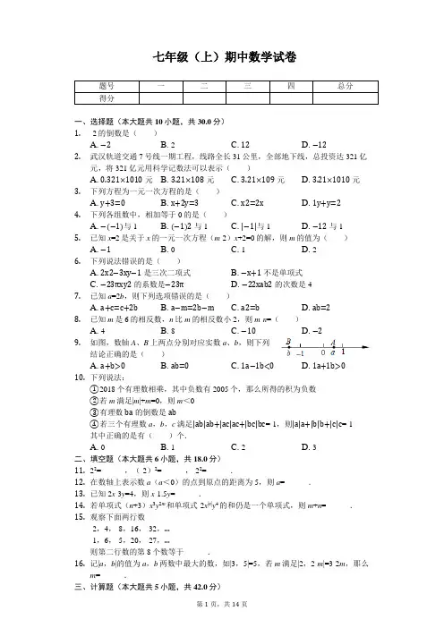 湖北省武汉市 七年级(上)期中数学试卷   