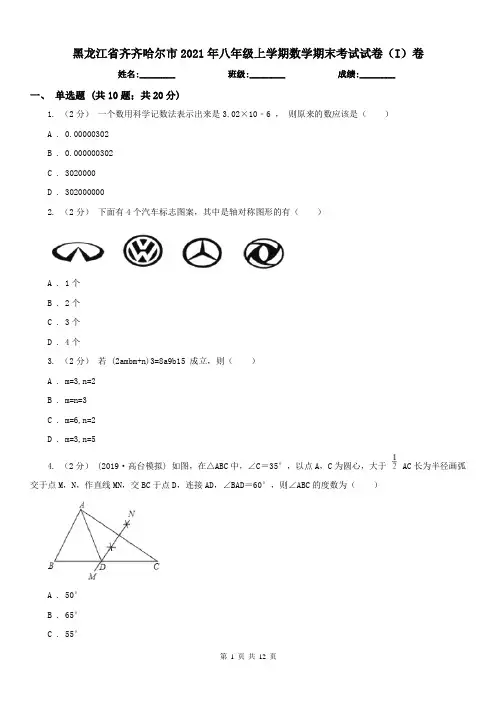 黑龙江省齐齐哈尔市2021年八年级上学期数学期末考试试卷(I)卷