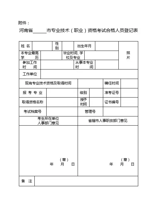 专业技术人员考试合格登记表