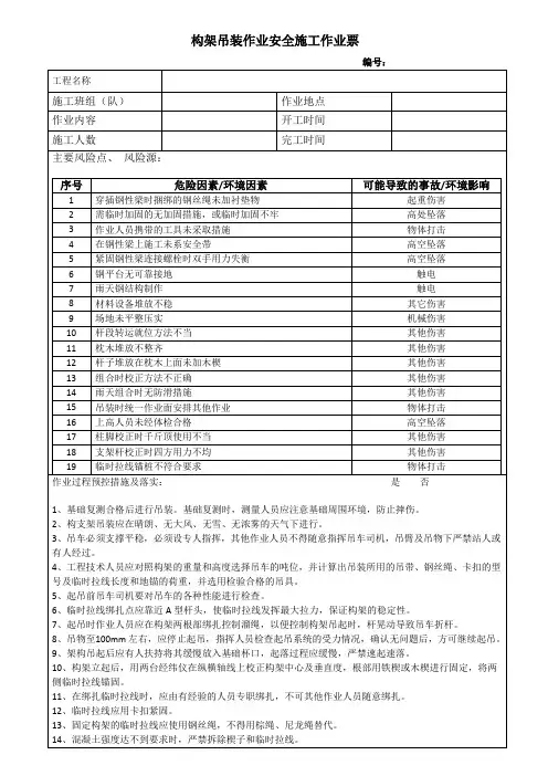 构架吊装作业安全施工作业票