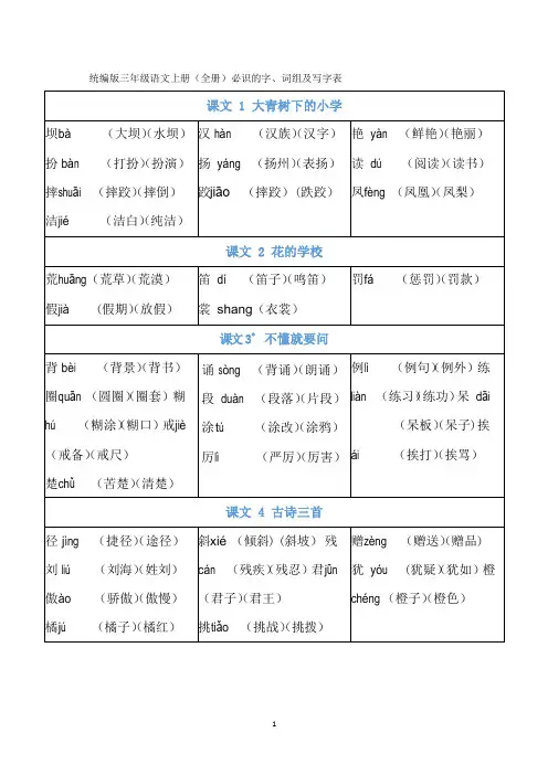 统编版三年级语文上册(全册)必识的字、词组及写字表