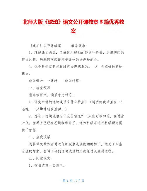 北师大版《琥珀》语文公开课教案3篇优秀教案