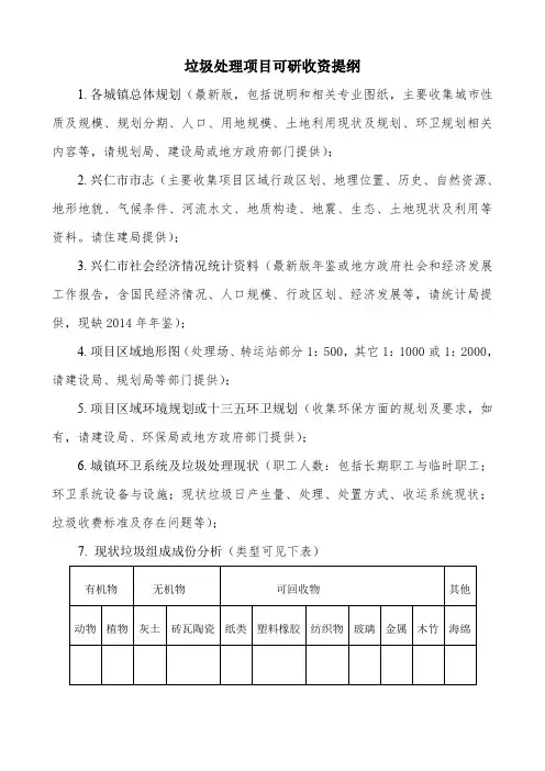 兴仁垃圾处理项目可研收资提纲