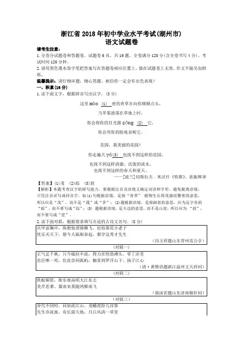 2018年浙江湖州中考语文试题及答案解析