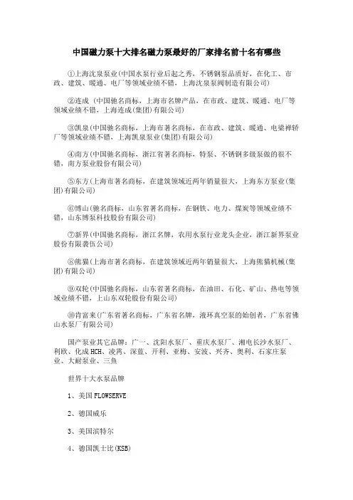 中国磁力泵十大排名磁力泵最好的厂家排名前十名有哪些