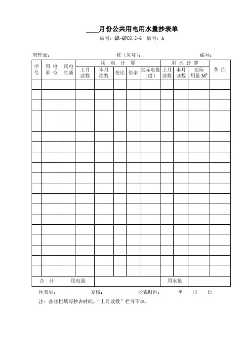 物业月份公共用电用水量抄表单