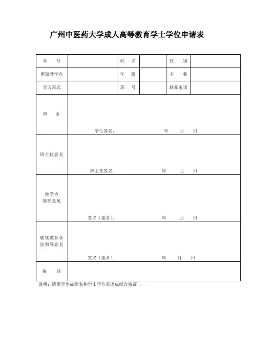 广州中医药大学成人高等教育学士学位申请表