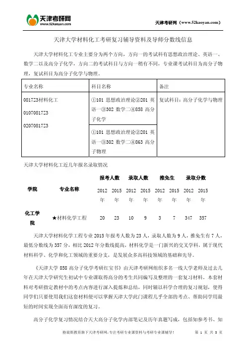 天津大学材料化工考研复习辅导资料及导师分数线信息