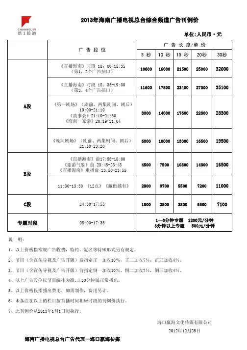 2013年海南电视台综合频道广告刊例价