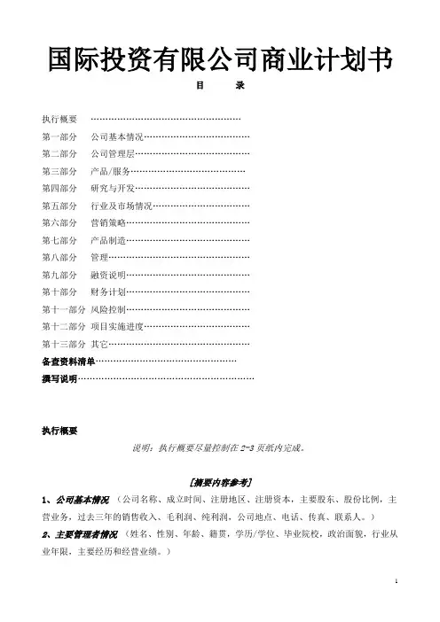 国际投资有限公司商业计划书