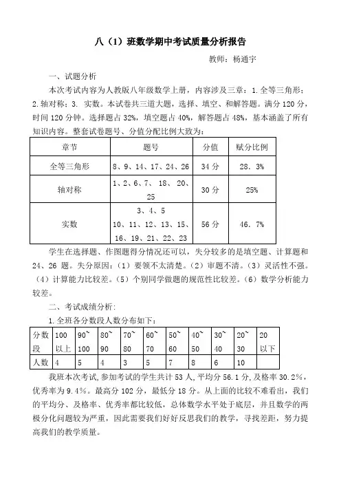 八年级数学期中考试质量分析报告