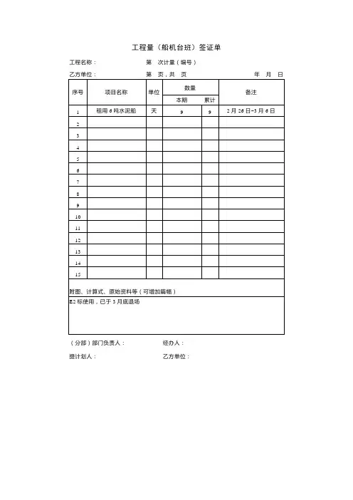 项目合同管理工程量(船机台班)签证单
