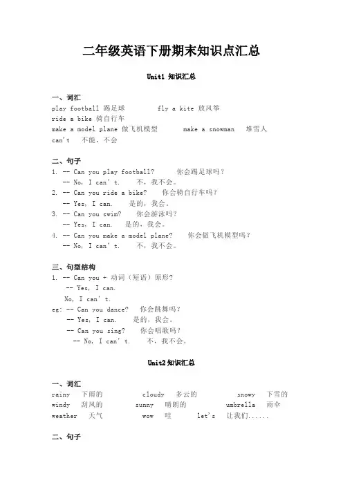 二年级英语下册期末知识点汇总(人教新起点)