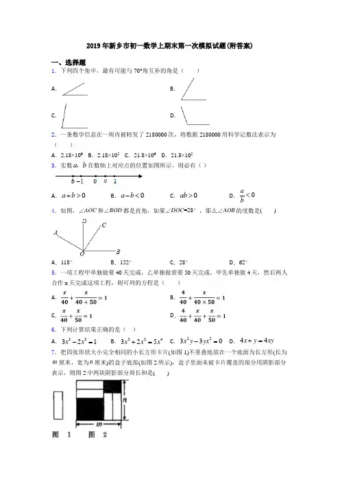 2019年新乡市初一数学上期末第一次模拟试题(附答案)