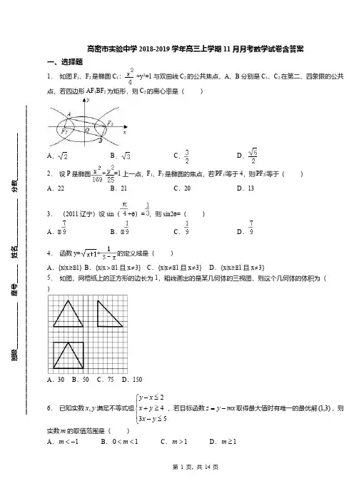 高密市实验中学2018-2019学年高三上学期11月月考数学试卷含答案