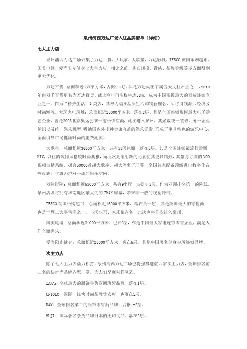 泉州浦西万达广场入驻品牌清单详细