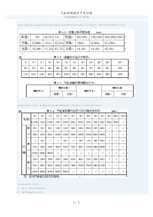 气缸的规格尺寸及行程
