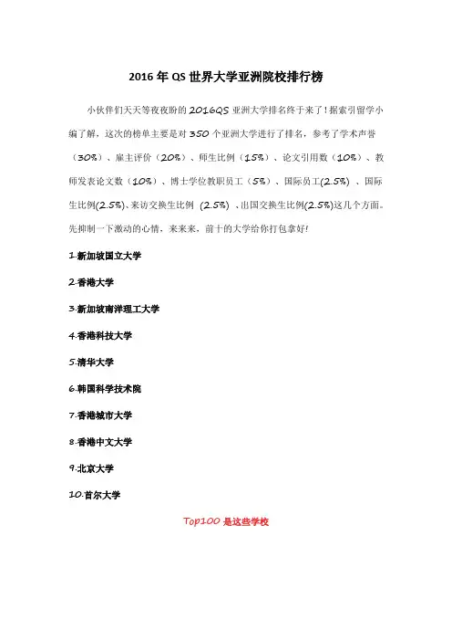 2016年QS世界大学亚洲院校排行榜