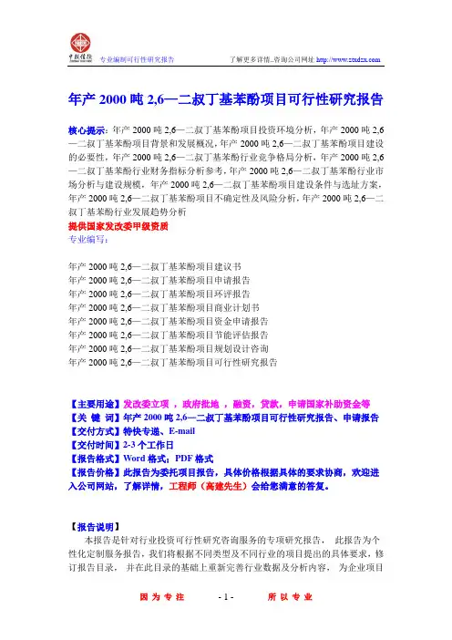 年产2000吨2,6—二叔丁基苯酚项目可行性研究报告