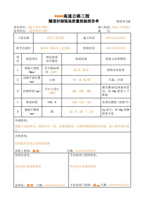 216隧道混凝土衬砌现场质量检验报告单