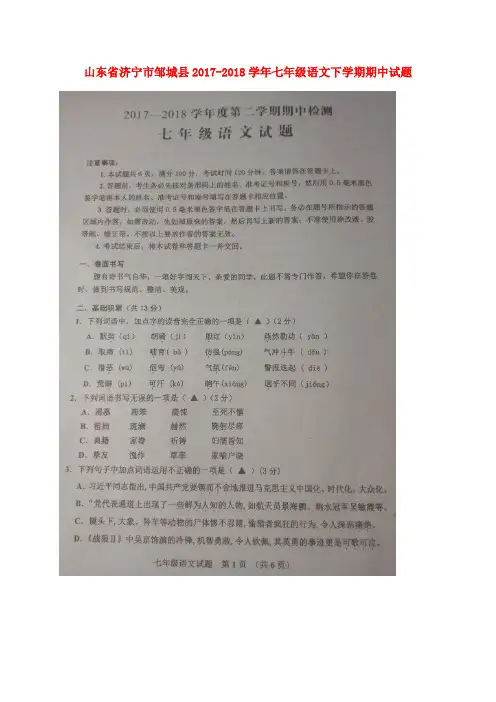 山东省济宁市邹城县2017-2018学年七年级语文下学期期中试题(扫描版)