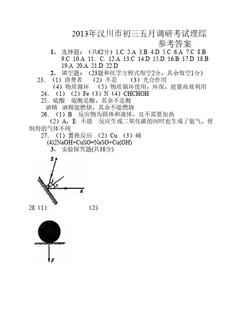 2013年中考适应性考试理综参考答案