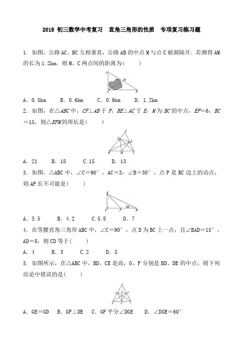 2018 初三数学中考复习  直角三角形的性质  专项复习练习题 含答案