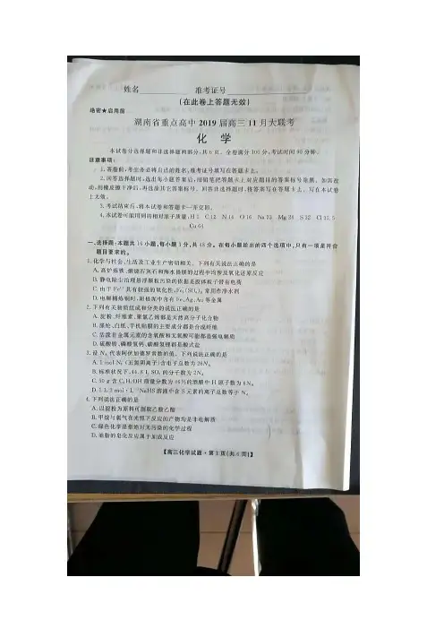 湖南省重点高中2019届高三上学期11月大联考化学试卷(扫描版)