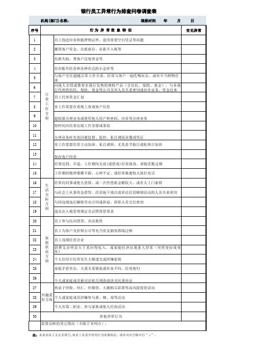 银行员工异常行为排查问卷调查表