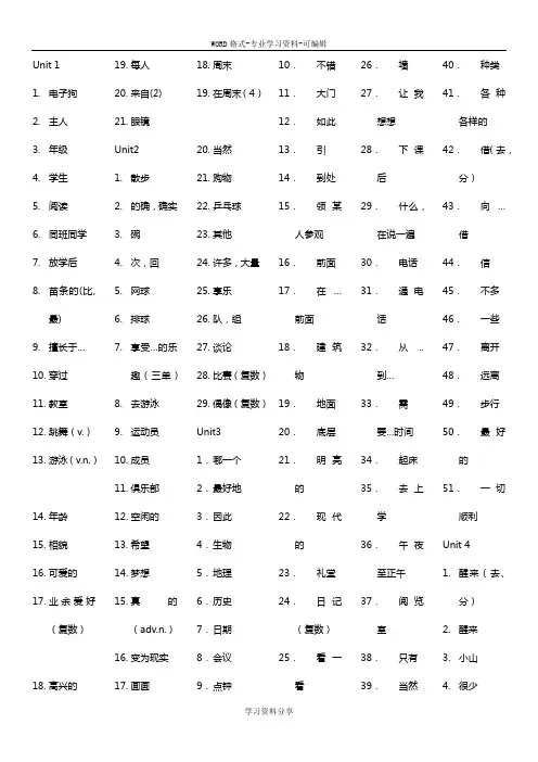 译林版初中英语7A-9B 单词中文