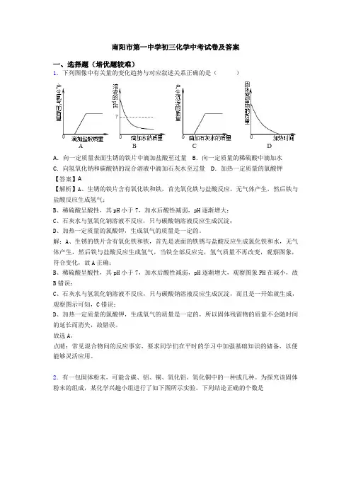 南阳市第一中学初三化学中考试卷及答案