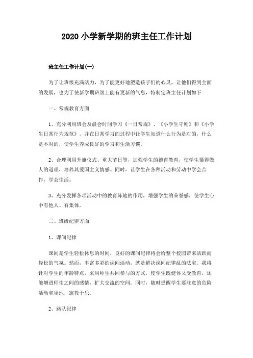  2020小学新学期的班主任工作计划