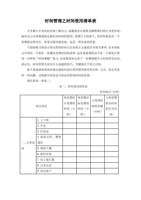 时间管理之时间使用清单表