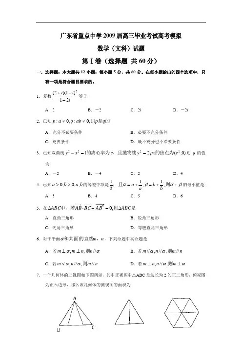 广东省重点中学2009届高三毕业考试高考模拟文科数学试题