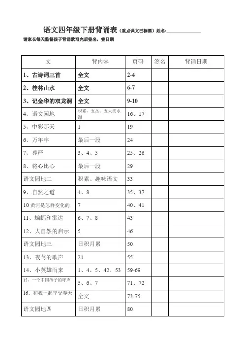 语文四年级下册背诵课文表