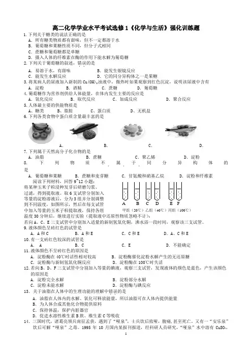 高二化学学业水平考试选修1《化学与生活》强化训练题